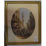 Middle Eastern school, figures in a townscape, watercolour, oval,