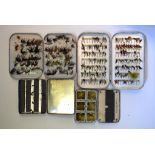 Four aluminium fly tins, and other assorted fly pouches and cases,