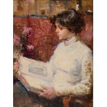 Sabry Ragheb, a portrait of a lady reading a book, oil on board, signed,