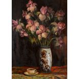 Kamel Moustafa, still life of pink flowers in a vase, oil on board, signed, 69.