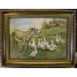 Wickes (?), a donkey and a flock of geese, oil on panel, signed, 19 x 27.
