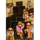 Guirguis Loutfy, kids in the playground, mixed media on panel, signed and dated 1008,
