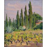 ɑ Blanche Camus, Vignes devant les Cypres, oil on canvas, signed, label verso,