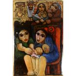 Guirguis Loutfy, women gathering, mixed media on panel, signed and dated 2006,