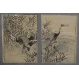 A Japanese coloured woodblock print, in two sections, Cranes,