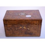 An inlaid burr walnut tea caddy, 23 cm wide, a copper kettle,