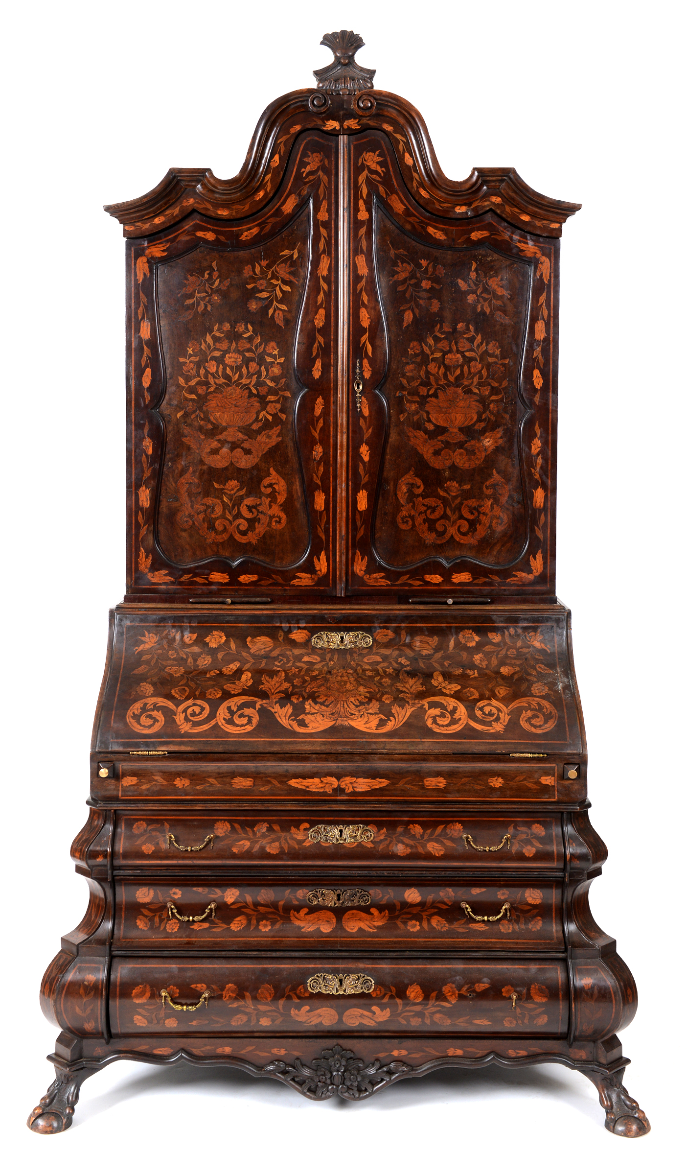 A walnut bureau bookcase, inlaid with urns of flowers, foliage,