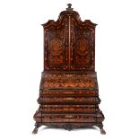 A walnut bureau bookcase, inlaid with urns of flowers, foliage,