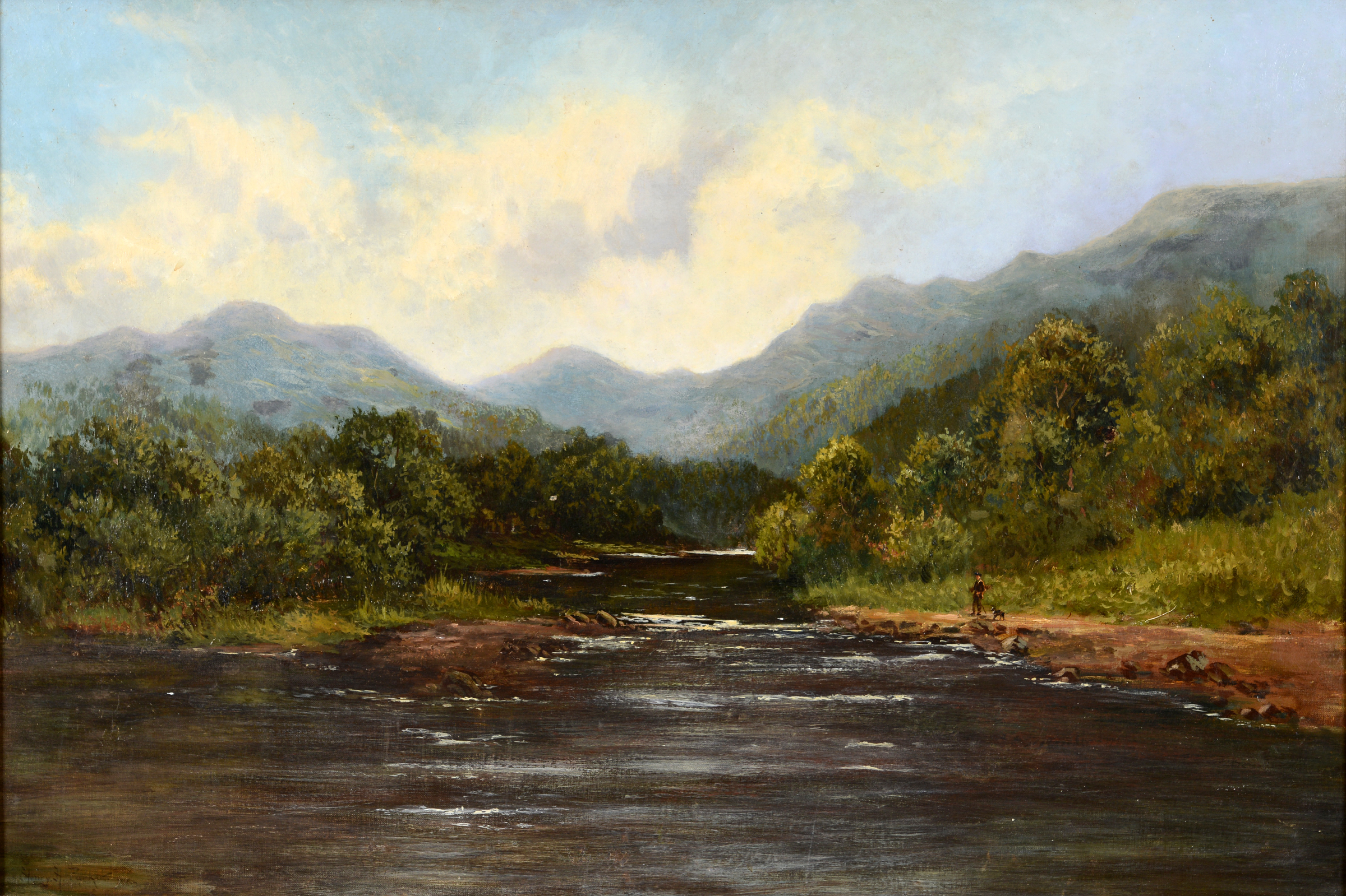 Henry H Parker, a mountainous river scene, with an angler and his dog, oil on canvas,