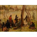 Kamel Moustafa, Fellahs by a river, oil on board, signed,