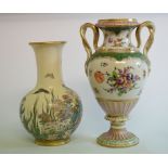 A Dresden two handled vase, painted floral bouquets, and a Japanese Satsuma vase, decorated flowers,