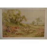 Circle of Miles Birket Foster, children and sheep in a field, watercolour, initialled, 14.