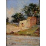 Kamel Moustafa, houses on the river-edge, oil on board, signed, 21.