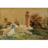 Kamel Moustafa, a tower in a rural area, oil on board, signed,