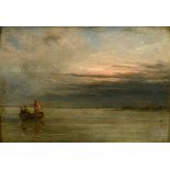 William Collins, three figures in a fishing boat, in a seascape, oil on board, label verso,
