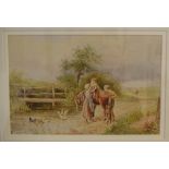 Circle of Miles Birket Foster, children playing on a horse by a river, watercolour, initialled, 14.