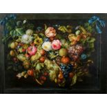 English school, 20th century, a still life of fruit, flowers, insects and foliage,