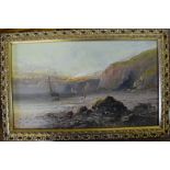 Frank Hider, a coastal landscape with figures and boats below cliffs, oil on canvas, signed,