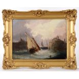 Manner of George Chambers, a sailing boat entering a harbour, oil on canvas, bears a signature,