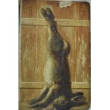 M N Browne, a still life of a dead rabbit hanging from a door, oil on panel, signed,
