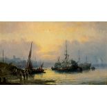 William Thornley, figures and shipping in an estuary, oil on canvas, signed, 26.