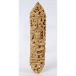 An Eastern bone panel, carved a deity, chipped, 14.