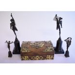 A burr walnut card box, with gilt metal decoration, a pair of bronzed figures, on black slate bases,