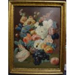 English School, 19th century, a still life of fruit and flowers with insects, oil on canvas,