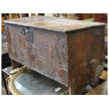 An elm six plank coffer, initialled P M and dated 1687,