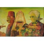 Attiya Hussein, three figures with masks, oil on canvas, 54 x 80.