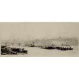 A William Lionel Wyllie dry point etching, Somerset House from the Thames, signed in pencil,