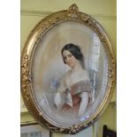 English school, 19th century, a portrait of a lady, watercolour, indistinctly signed, oval,