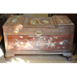 A Chinese camphorwood box, with hardstone inlaid decoration, some loss,
