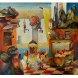 Attiya Hussein, scene with pigs in an abstract setting, oil on canvas,