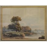 John Varley, a lake scene with castle ruins, watercolour, John Manning Gallery label verso, 16.