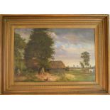 Henry Carter, a rural scene with cows and chickens, oil on canvas, signed and dated 1914,