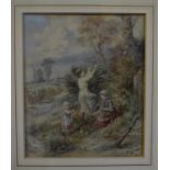 Circle of Miles Birket Foster, a mother and daughters picking fruit, watercolour, initialled,