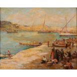 Kamel Moustafa, river scene with fishermen on the shore, oil on board, signed,