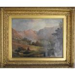 A Wilson, a mountain landscape with a lake and a figure, oil on canvas, signed,