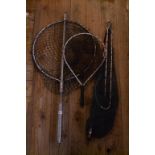 Three landing nets, assorted lures,