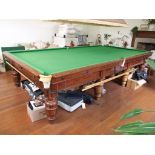 A full size mahogany snooker table, on turned legs, restored by Leslie J Brice & Son,