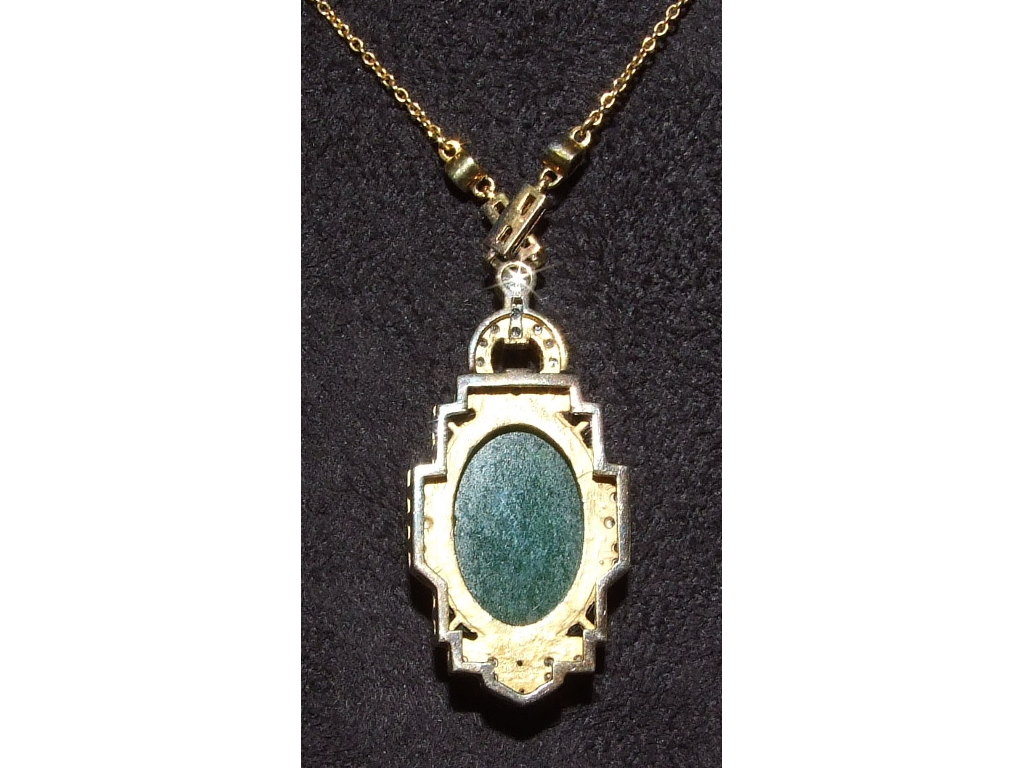 A 9ct gold, jadeite, onyx and diamond ne - Image 3 of 3