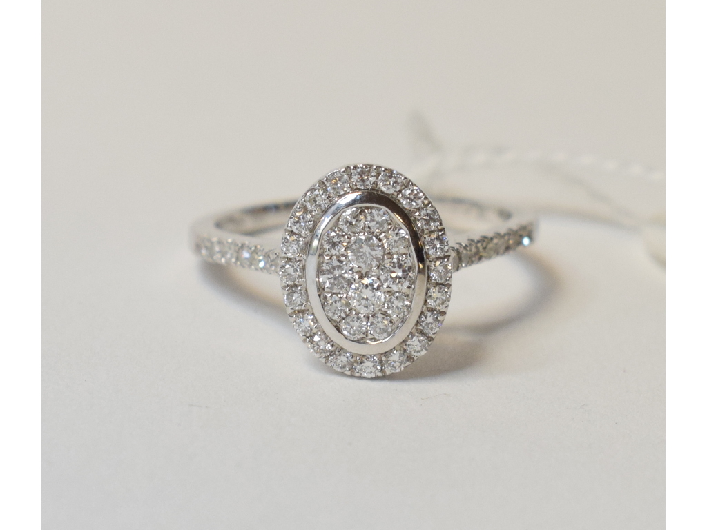 A 9ct white gold and oval diamond cluste