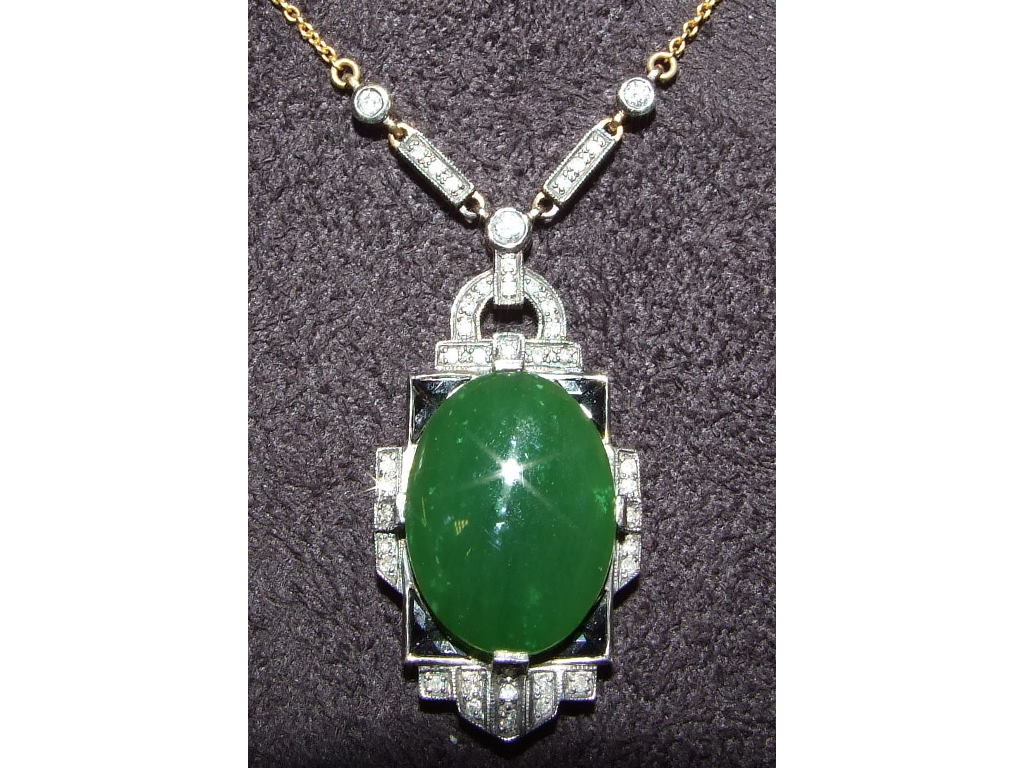 A 9ct gold, jadeite, onyx and diamond ne - Image 2 of 3