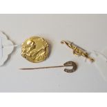 A 9ct gold bar brooch, applied a horseshoe, a similar stickpin,