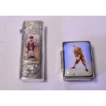 A silver stamp box, applied a plaque decorated a golfer,