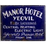 An early 20th century enamel sign, Manor Hotel Yeovil,