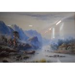 E L Herring (?), a highland landscape with boats and figures, watercolour, signed and dated 87,
