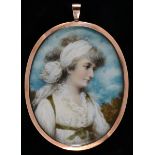 Manner of Richard Cosway, a half length oval portrait, of a young lady wearing a scarf in her hair,