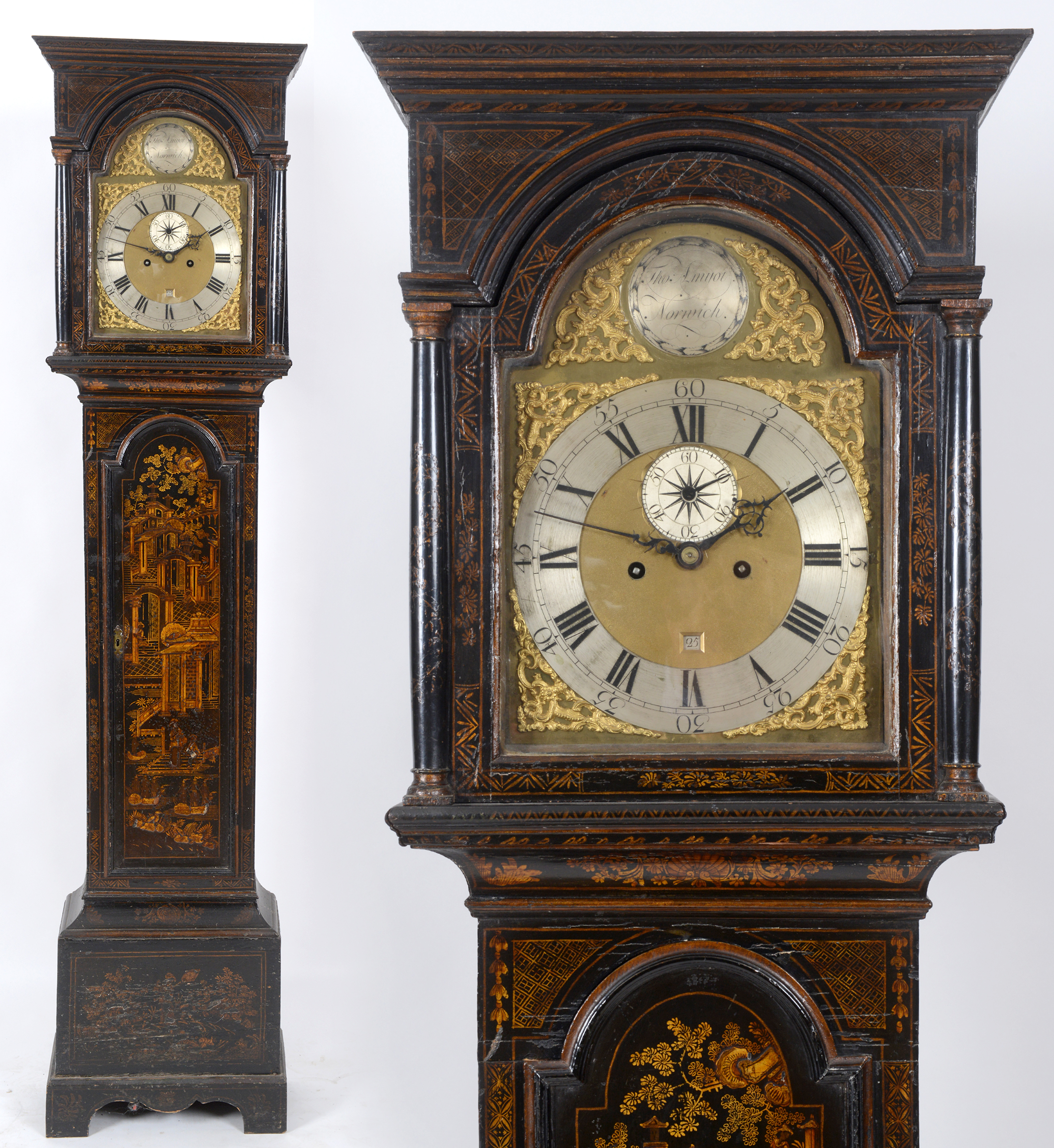 A longcase clock, the 30 cm arch square brass dial signed Tho Linyot, Norwich to a disc in the arch,